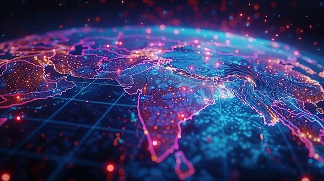 Digital map of Asia, concept of global network and connectivity, data transfer and cyber technology, business exchange, information and telecommunication