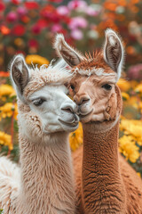 Obraz premium photo of two llamas loving each other. colorful flower garden background