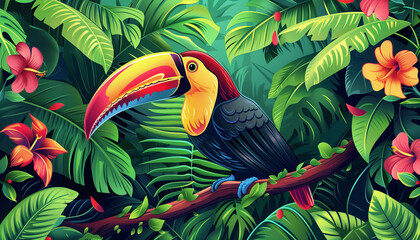 A colorful toucan sits among tropical leaves and flowers in a vibrant jungle setting