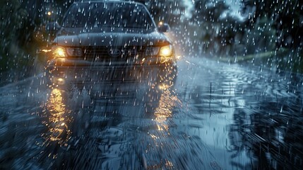 wet car driving rain - obrazy, fototapety, plakaty
