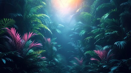 Fototapeta na wymiar Mystical rainforest with light rays shining through forest canopy framing copy space