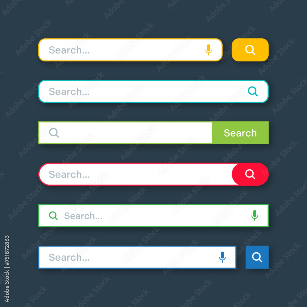 Poster colorful search bar templates. internet browser engine with search box, address bar and text field. 