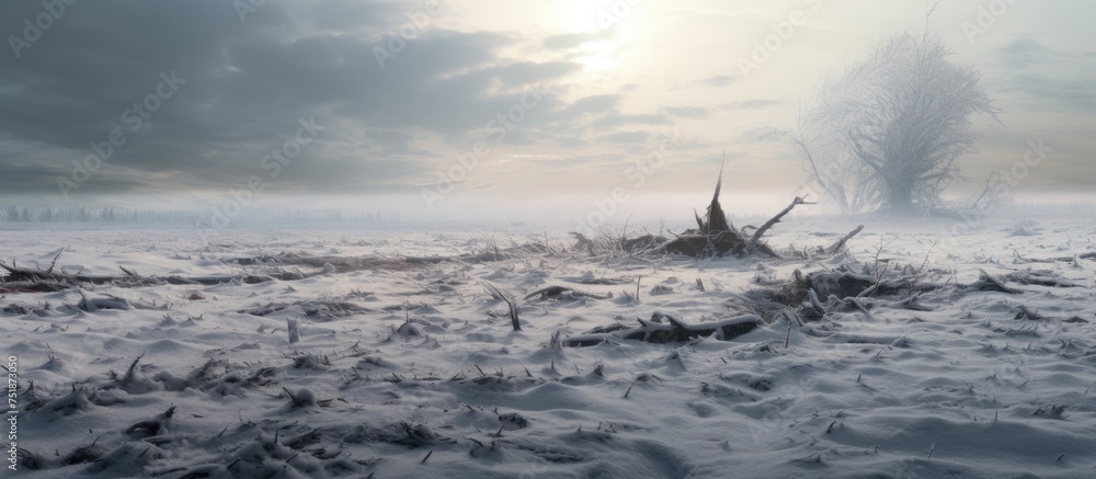 Poster a monochromatic scene featuring a field blanketed in snow with trees lining the perimeter, creating 