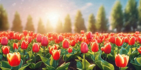 Nature color. Spring season background. Sunny flower field. May floral bloom. Tulip garden landscape. Light day park Green grass beauty. Fresh plant bulb grow. April leaf close up Bright sun blue sky.