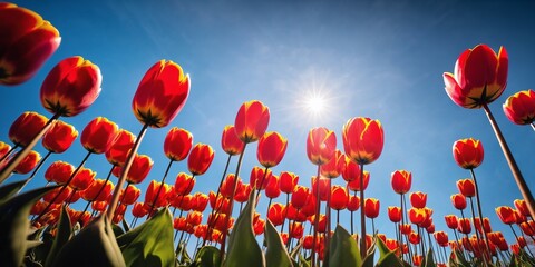Spring season background. Nature color. Tulip garden landscape. Sunny flower field. May floral bloom. Bright sun blue sky. Fresh plant bulb grow. Light day park Green grass beauty. April leaf close up