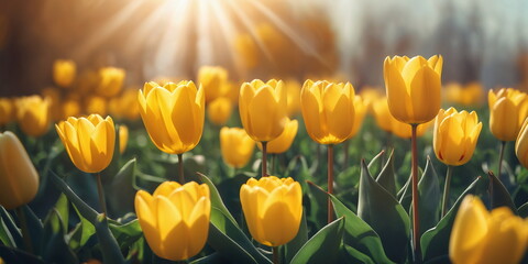 May floral bloom. Spring season background. Tulip garden landscape. Nature color. Sunny flower field. April leaf close up Light day park Bright sun blue sky. Fresh plant bulb grow. Green grass beauty.