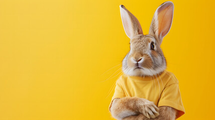cute rabbit wearing a yellow t-shirt on a bright yellow background with copy space - obrazy, fototapety, plakaty