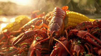 Steaming Hot Southern Style Crawfish Bowl with corn on a table outside at late afternoon under natural lighting.