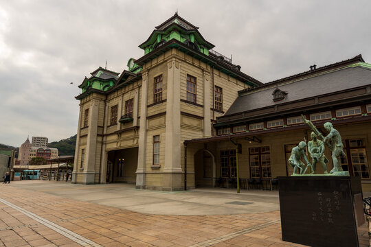 Fukuoka / Japan -  December 26 2023: The facade of old Mojiko station building in Kitakyushu, Fukuoka, Japan.	
