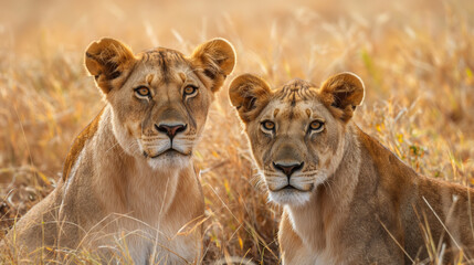 Lionesses at Dusk in the African Savannah, Two lionesses in the warm glow of the sunset in the open...