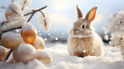 Serene Winter Scene with a Fluffy Bunny Surrounded by Snow-Covered Oranges