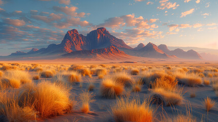 Wide panorama of a stone desert at sunrise in haze of soft sunlight, mountain landscape of Spitzkoppe hills, Namibia. Travel to wildlife of Africa, extreme tour, adventures to wilderness.