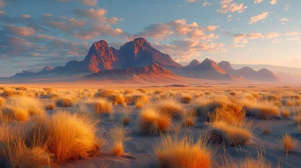Crédence de cuisine en verre imprimé Matin avec brouillard Wide panorama of a stone desert at sunrise in haze of soft sunlight, mountain landscape of Spitzkoppe hills, Namibia. Travel to wildlife of Africa, extreme tour, adventures to wilderness.