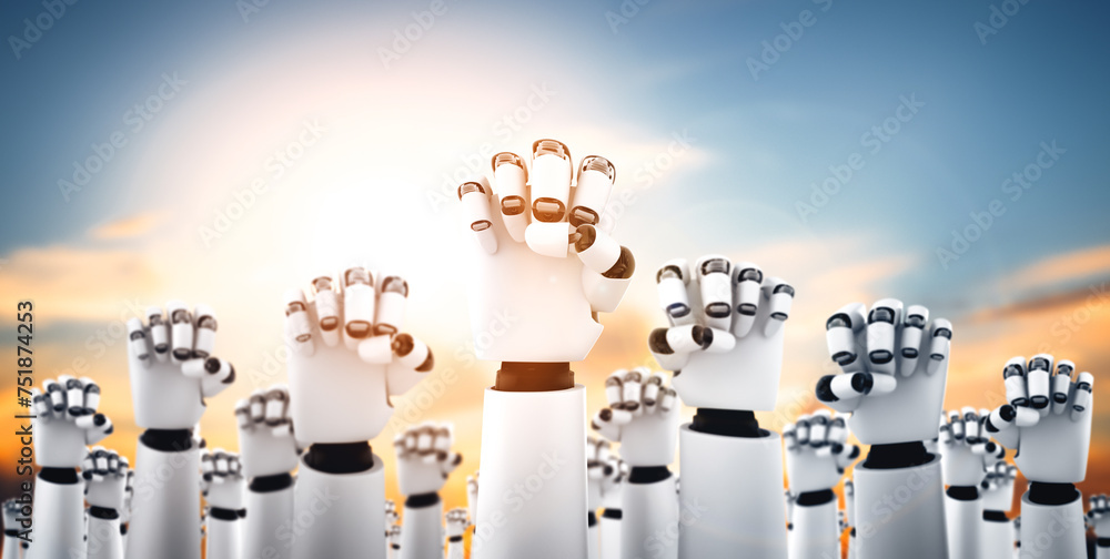 Poster xai 3d illustration robot humanoid hands up to celebrate success achieved by using ai artificial int