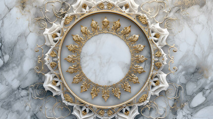 A 3D wallpaper depicting a rococo Italian-style ceiling adorned with a white and gold victorian motif, mandala decoration, set against a decorative frame backdrop - Powered by Adobe