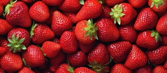Red strawberry fruit background. fresh vegan healthy diet concept. Top view close up organic fresh...