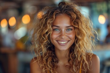Fototapeta premium Young cheerful woman with green eyes and curly blonde hair smiling warmly