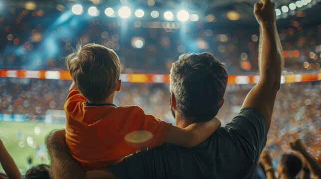 relationship and happy family concept picture of father and son cheer football match together.