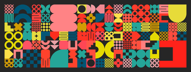 Geometric texture with simple shapes, symbols. Colorful primitive elements and forms. Retro design, trendy contemporary minimalist style. Vector illustration