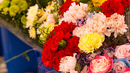 Flowers Market. View of assortment of decor for interior. View of ornamental plants, home plant, flowers.Colorful flowers in the nature.  bouquetes, close up, collection, valentine, blossom