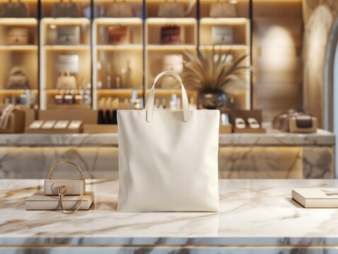 A mockup portrait of a cream-coloured blank tote bag in a luxurious marble room with abstract embellishments, and a blurred background of the bag and perfume. Created with Generative AI.
