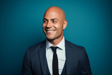 Portrait of a bald man in a suit on a blue background.