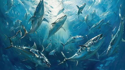 fish school of tuna - obrazy, fototapety, plakaty