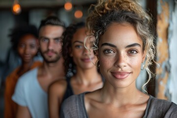 Obraz premium Attractive young woman with curly hair in focus with a group of diverse friends softly blurred in the background