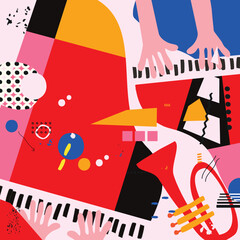 Modern music poster with abstract and minimalistic musical instruments assembled from colorful geometric forms and shapes. Vibrant musical collage with violoncello, saxophone and piano.	 - 751877251