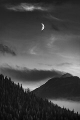 Forested hills in twilight with crescent moon