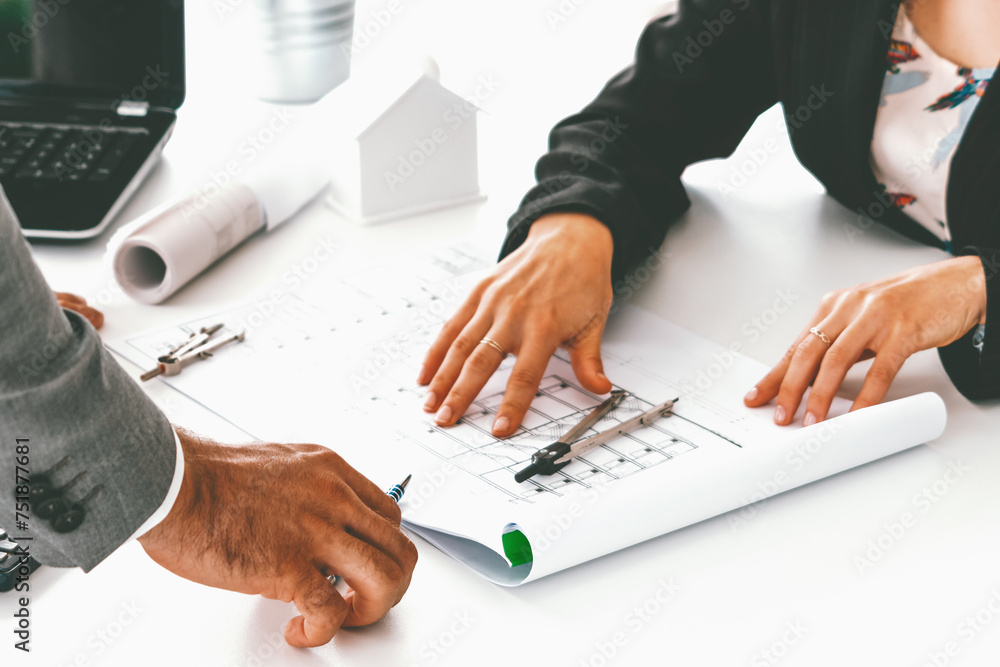 Poster architect and engineer working with construction drawing project on table in office. architecture an