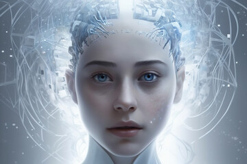 Digital art portrait of a white android with ethereal features and a futuristic aesthetic - Generative AI - obrazy, fototapety, plakaty