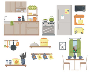 A set of furniture to create a kitchen interior. Cabinets, sink for washing dishes. Stove and refrigerator, kitchen appliances, table and chairs. Window with blinds. Flat vector.