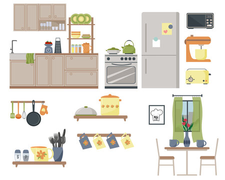 A set of furniture to create a kitchen interior. Cabinets, sink for washing dishes. Stove and refrigerator, kitchen appliances, table and chairs. Window with blinds. Flat vector.