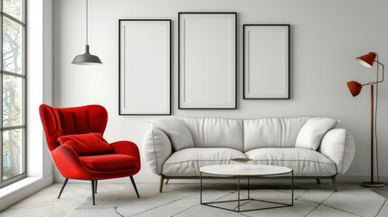 Welcoming ambiance in living room with a white sofa and red armchair, framed by blank posters on the wall