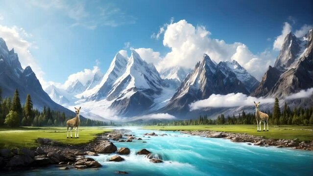 Natural scenery of mountains, rivers, deer and flying birds Seamless looping 4k time-lapse animation video background
