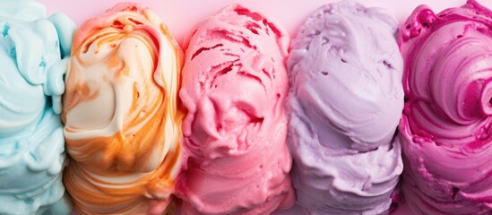A close-up view of a row of different colors of Neapolitan ice cream flavors, including chocolate, vanilla, and strawberry, creating a visually appealing and colorful display.