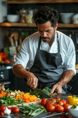 A focused man in an apron skillfully slices vegetables on a countertop in a well-equipped, contemporary kitchen, surrounded by fresh ingredients and cooking tools