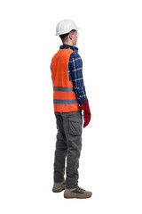 Young man wearing safety equipment on white background