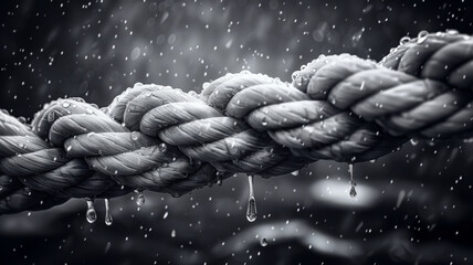 A white rope resists adverse weather situations on a dark background. Concept of ability to overcome periods of emotional pain, resilience. - obrazy, fototapety, plakaty