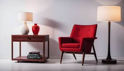 Home design room with a red armchair, a raw design wooden side table and lamp, minimal, simple, empty, no people