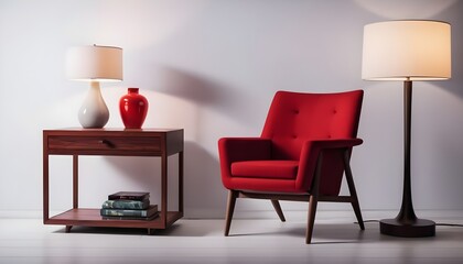 Fototapeta premium Home design room with a red armchair, a raw design wooden side table and lamp, minimal, simple, empty, no people