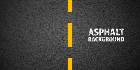 Asphalt road with yellow lane marking, concrete highway surface, texture. Street traffic line, road dividing strip. Pattern with grainy structure, grunge stone background. Vector illustration
