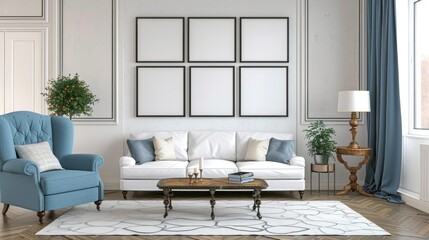 Living room furnished with a white sofa and blue armchair, adorned with blank posters on the wall