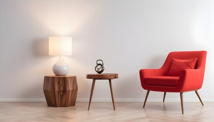 Home design room with a red armchair, a raw design wooden side table and lamp, minimal, simple, empty, no people