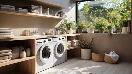 A contemporary laundry room with impeccably organized shelves and light wooden cabinetry. Generative AI - obrazy, fototapety, plakaty