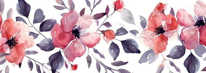 watercolor purple flowers and green leaves watercolor illustration on white background Generative AI - obrazy, fototapety, plakaty