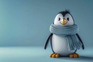 An intrepid 3D penguin, sporting a scarf on a frosty ice blue backdrop, is all set for the winter season.