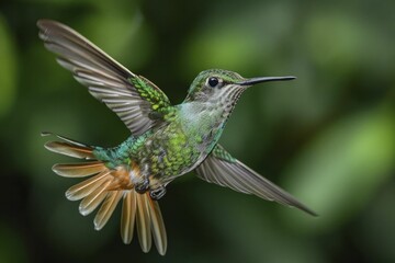 Fototapeta premium A vibrant hummingbird hovers mid-air, its colors alive against the dark backdrop.