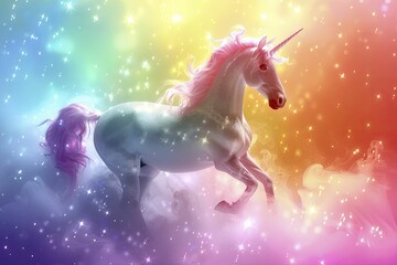 Obraz na płótnie Canvas Dreamy 3D unicorn on a pastel rainbow background, sparkling with magic and wonder.